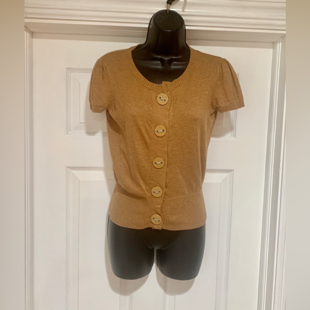 Max Studio Cotton Tan Beige Sweater Duster Cardigan Vintage 90s Short Sleeve M.